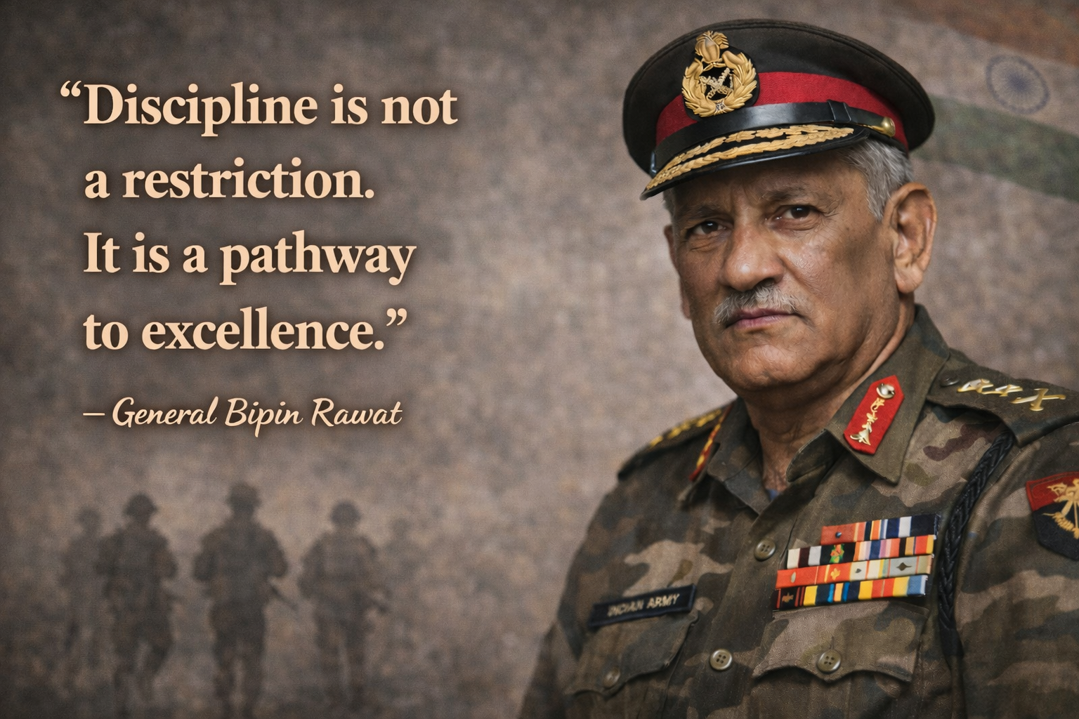 "Discipline is not a restriction. It is a pathway to excellence." – General Bipin Rawat